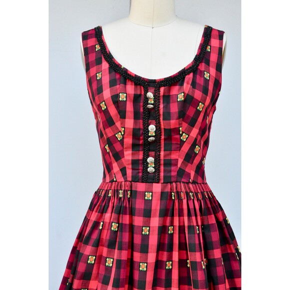 German Oktoberfest Plaid Dirndl Dress Embroidered Tyrollean Bavarian XS S - Picture 2 of 10